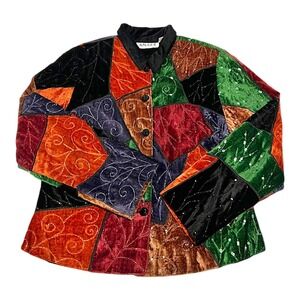ANAGE‎ Womens Patchwork Velvet Sequins Jacket Blazer Orange Green Black L